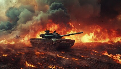 From the depths of adversity arises a vision of resilience, as the tank navigates the fiery terrain with unwavering resolve.