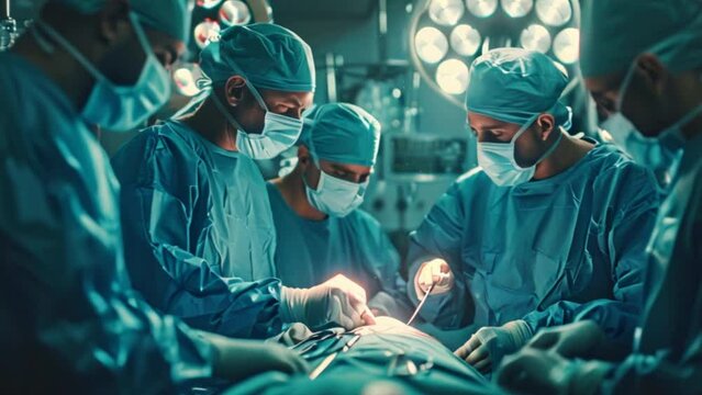 Group of surgeons in hospital operating theater. Medical team performing surgery in operation room. 