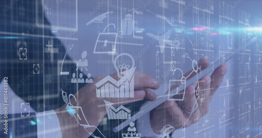 Poster image of icons and data processing over businessman using tablet