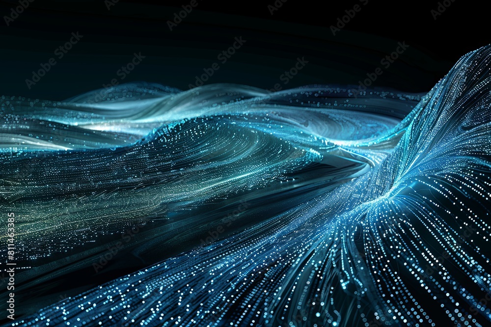 Poster Computer generated visualization of a dynamic wave of light in motion, resembling streaming data flows. Generative AI