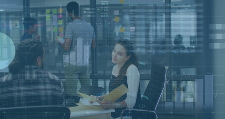Image of infographic interface over diverse woman explaining reports to coworkers in office