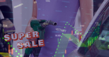 Image of super sale text and data processing over caucasian woman fueling car at gas station