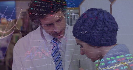 Image of financial data processing over caucasian male pharmacist and female patient