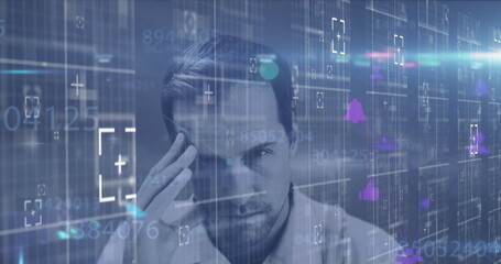 Image of icons and data processing over worried businessman