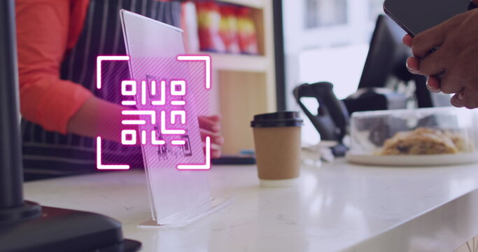 Image of qr code scanning over man paying with smartphone in shop