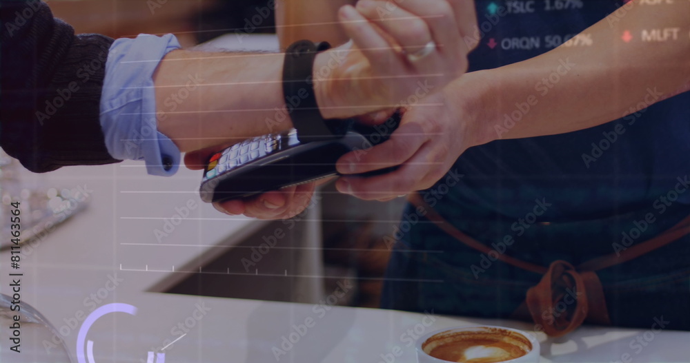 Poster Image of data processing over mid section of man using smartwatch to make payment at a cafe