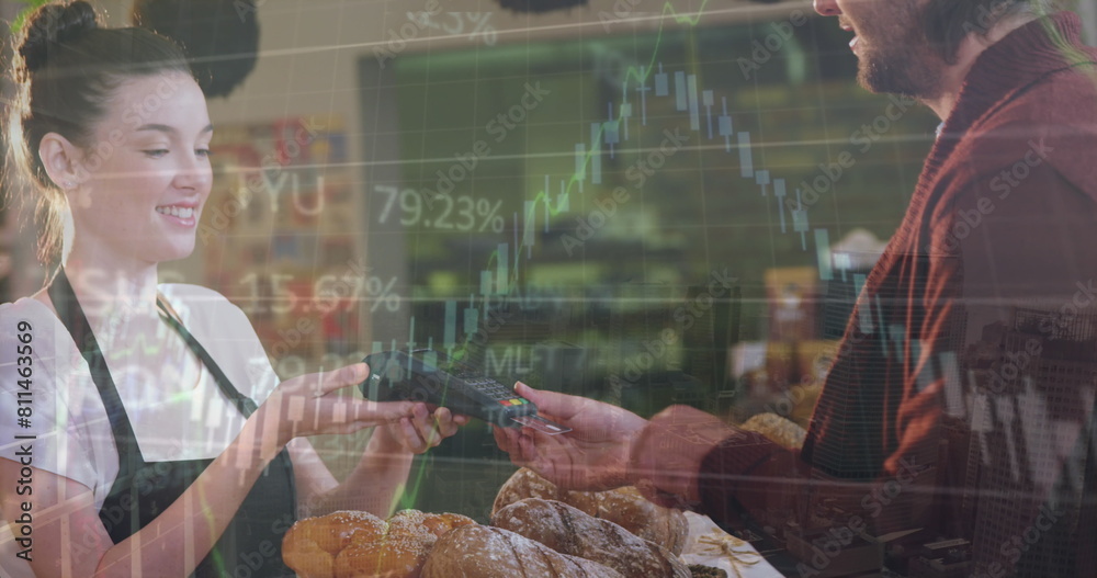 Poster image of data processing over caucasian man using credit card to make payment at a cafe