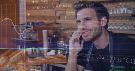 Image of stock market data processing over caucasian male waiter talking on smartphone at cafe
