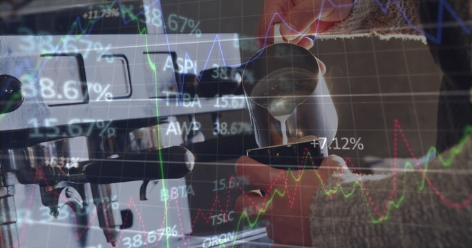 Image of financial data processing over mid section of a barista preparing coffee at cafe - Powered by Adobe