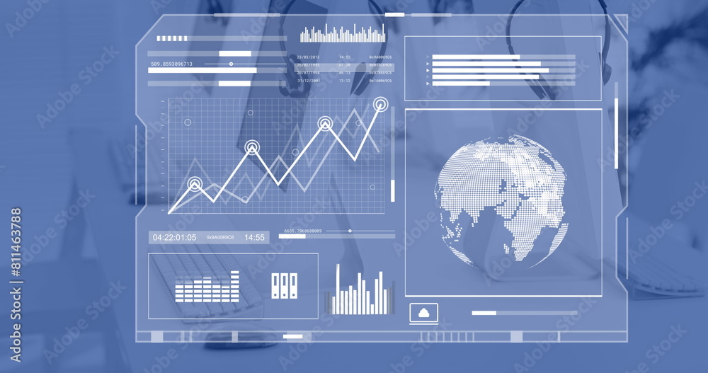 Poster globe, charts and graphs processing data over computers on desks in empty office