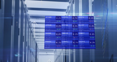 Image of computer servers, arrows and financial data processing