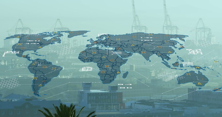 Image of data processing over world map against aerial view of cityscape