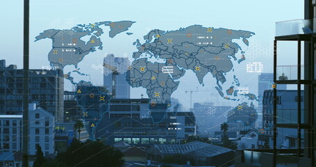 Image of data processing over world map against aerial view of cityscape