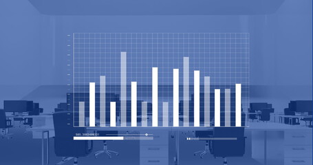 Blue and white graph processing data over computers on desks in empty office