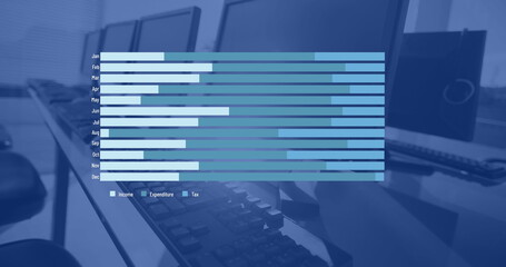 Blue and white graph processing data over computers on desks in empty office