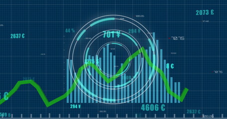 Image of round scanner and statistical data processing over grid network against blue background