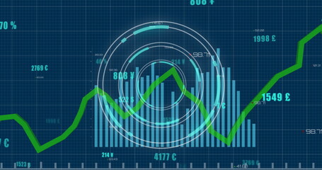 Image of round scanner and statistical data processing over grid network against blue background