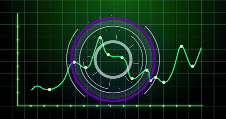 Image of round scanner and statistical data processing over grid network on green background