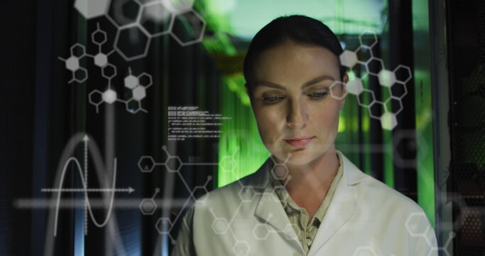 Image of medical data processing over thoughtful caucasian female engineer at server room