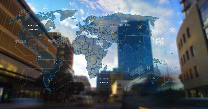 Image of circuit board pattern on map, low angle view of buildings and time-lapse of vehicles