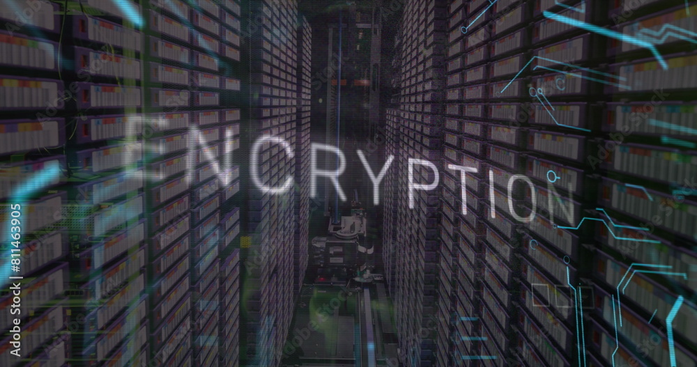 Poster image of encryption text, binary codes and circuit board pattern over server room