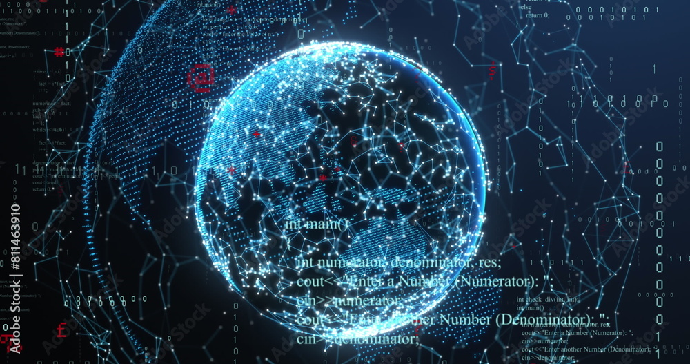 Poster image of illuminated connected dots forming globe and moving binary codes