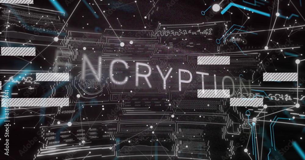 Poster Image of encryption text with connected dots over graphs, changing numbers and loading circles