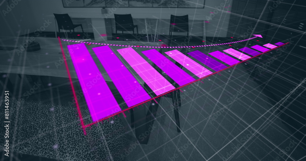 Poster image of bar graph with arrow downgrading over empty chairs and tables arranged in office