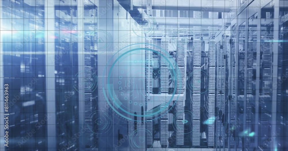 Poster image of fingerprint, icons and data security text in circle, data server systems in server room