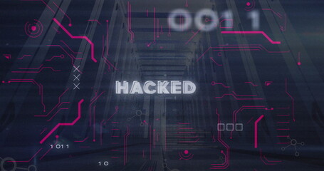 Image of hacked text, binary codes and computer language over low angle view of server room