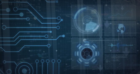 Image of radar, arc reactor, globe and computer language over server room