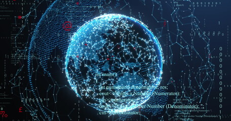 Image of illuminated connected dots forming globe and moving binary codes