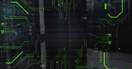 Image of binary codes and circuit board pattern over server room in background