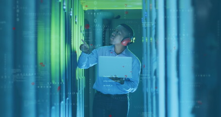 Image of computer language, binary codes, african american male engineer checking server racks