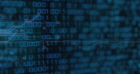 Image of graphs, circuit board pattern and binary codes over black background