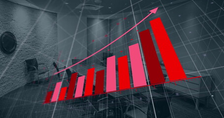 Image of bar graph representing growth over empty chairs and table arranged in conference room