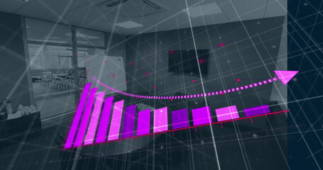 Image of bar graph downgrading over empty chairs and table arranged in meeting room