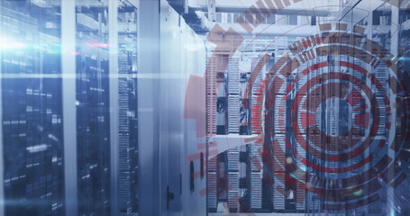 Image of loading circles and bars on data server racks in server room