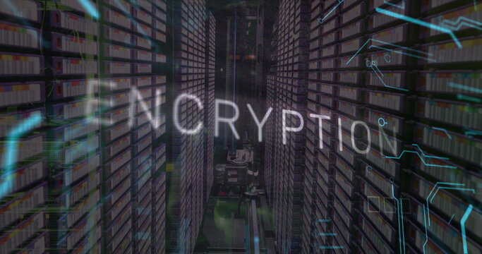 Image of encryption text, binary codes and circuit board pattern over server room