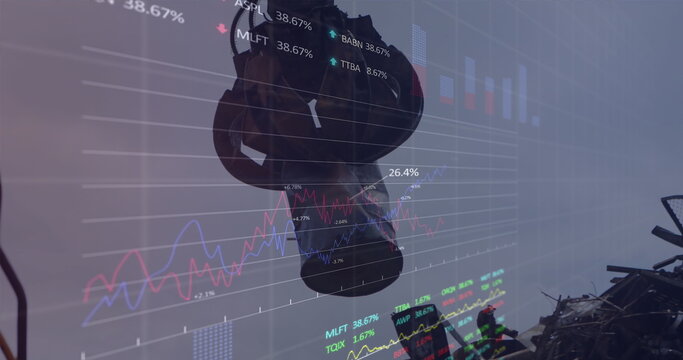 Image of multiple graphs, trading boards, crane grabbing metal scrap and dumping it in junkyard - Powered by Adobe