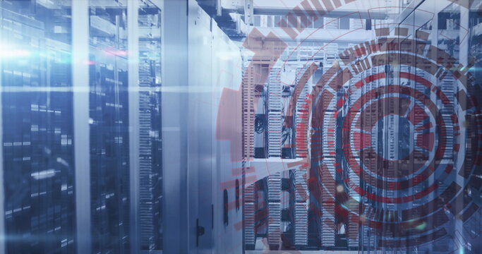 Image of loading circles and bars on data server racks in server room