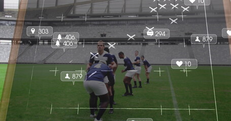 Image of notification bars, strategy on slate over diverse rugby player playing match