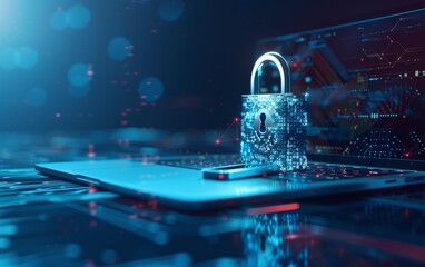Futuristic digital security concept with padlock and laptop on blue background, high tech technology banner design for online data protection.