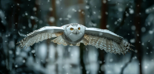 A white snowy owl flying in the air and hunting for food during Winter