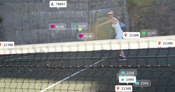 Image of multiple notification bars over caucasian female tennis player hitting ball with racket