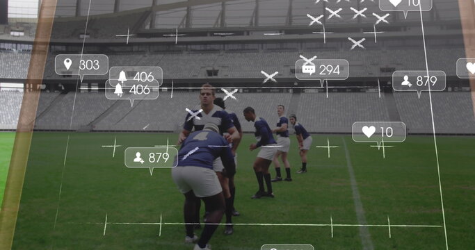 Image of notification bars, strategy on slate over diverse rugby player playing match