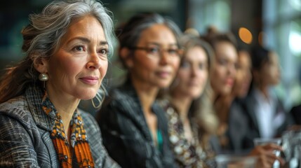 A group of diverse businesswomen are sitting at a conference table, listening attentively to the speaker.