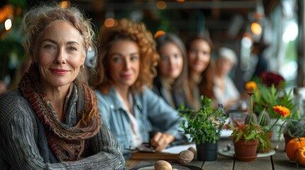 Fototapeta premium A group of diverse women are sitting around a table in a cafe. They are all smiling and talking and have coffee cups on the table.