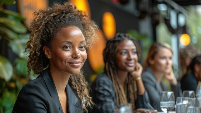 A group of diverse businesswomen having a meeting in a restaurant.