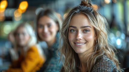 Obraz premium Beautiful young woman with long blond hair smiling at the camera.